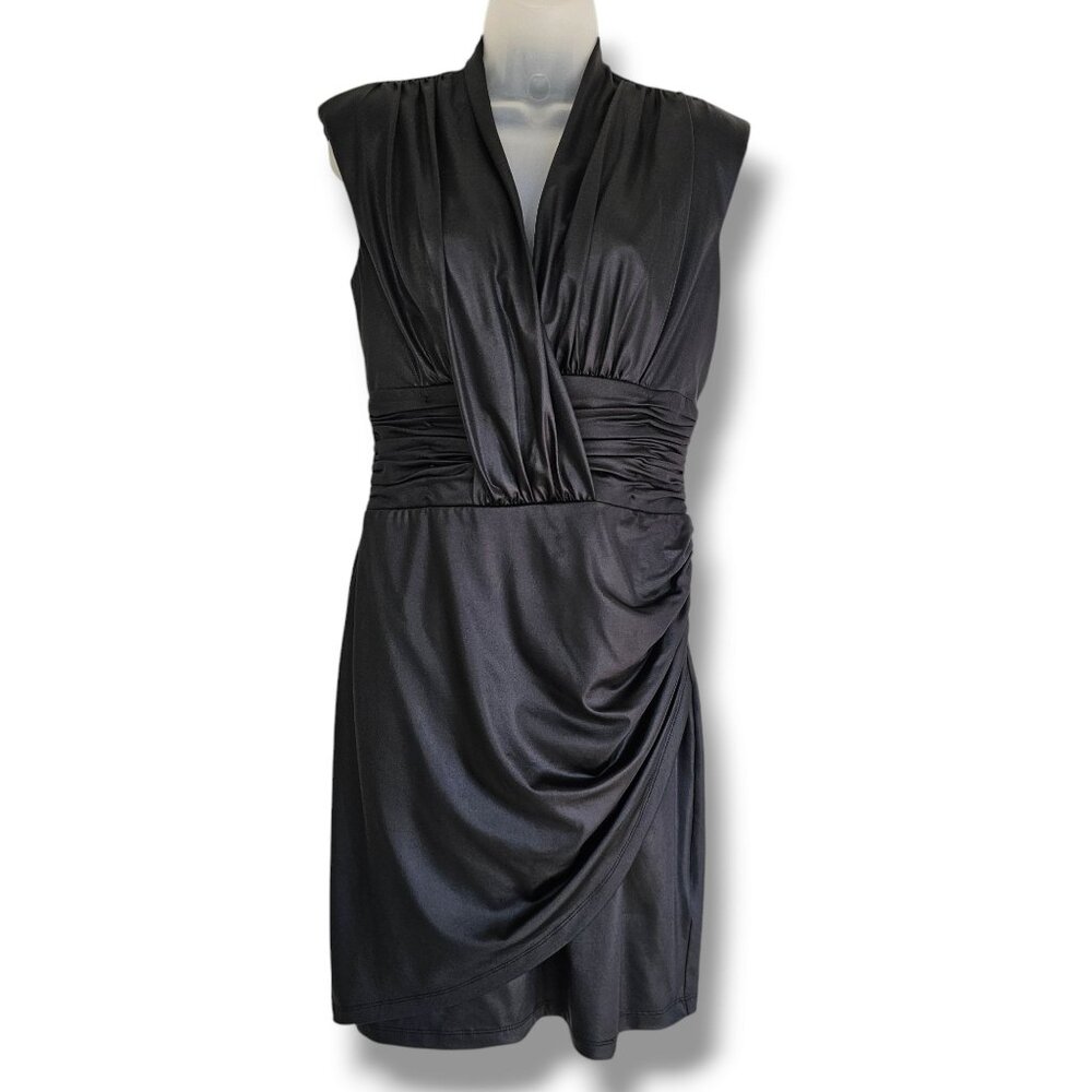 DKNY Faux Wrap Dress Size 4 Black Sleeveless Draped‎ Surplice Neckline Stretch
